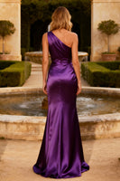Load image into Gallery viewer, Purple Satin Mermaid One Shoulder Long Prom Dress with Sash