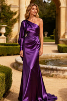 Load image into Gallery viewer, Purple Satin Mermaid One Shoulder Long Prom Dress