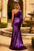 Load image into Gallery viewer, Purple Satin Mermaid One Shoulder Long Prom Dress