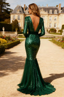 Load image into Gallery viewer, Sparkly Dark Green Mermaid Sequin V Neck Long Prom Dress