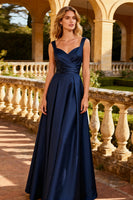 Load image into Gallery viewer, Navy Satin A Line Thick Straps Long Prom Dress
