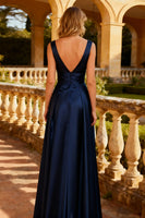 Load image into Gallery viewer, Navy Satin A Line Thick Straps Long Prom Dress