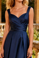Load image into Gallery viewer, Navy Satin A Line Thick Straps Long Prom Dress
