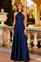 Load image into Gallery viewer, Navy Satin Halter A Line Long Prom Dress