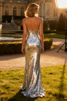 Load image into Gallery viewer, Sparkly Silver Sequin Mermaid Spaghetti Straps Long Prom Dress