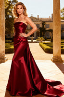 Load image into Gallery viewer, Burgundy Satin Strapless Mermaid Long Prom Dress with Cape