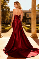 Load image into Gallery viewer, Burgundy Satin Strapless Mermaid Long Prom Dress with Cape