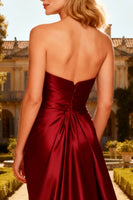 Load image into Gallery viewer, Burgundy Satin Strapless Mermaid Long Prom Dress with Cape
