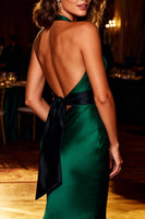 Load image into Gallery viewer, Dark Green Mermaid Satin Halter Long Prom Dress