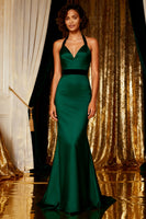 Load image into Gallery viewer, Dark Green Satin Halter Mermaid Long Prom Dress