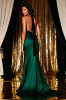 Load image into Gallery viewer, Dark Green Satin Halter Mermaid Long Prom Dress