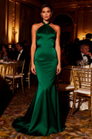 Load image into Gallery viewer, Dark Green Satin Mermaid Halter Long Prom Dress