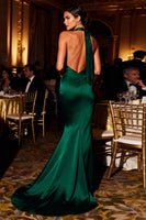 Load image into Gallery viewer, Dark Green Satin Mermaid Halter Long Prom Dress