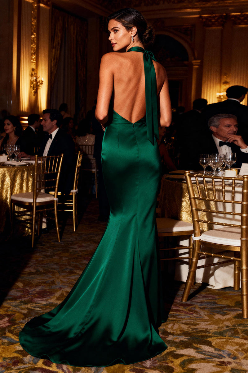 Load image into Gallery viewer, Dark Green Satin Mermaid Halter Long Prom Dress