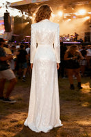 Load image into Gallery viewer, Sparkly Shawl Lapel White Sequin Long Blazer Prom Dress with Slit