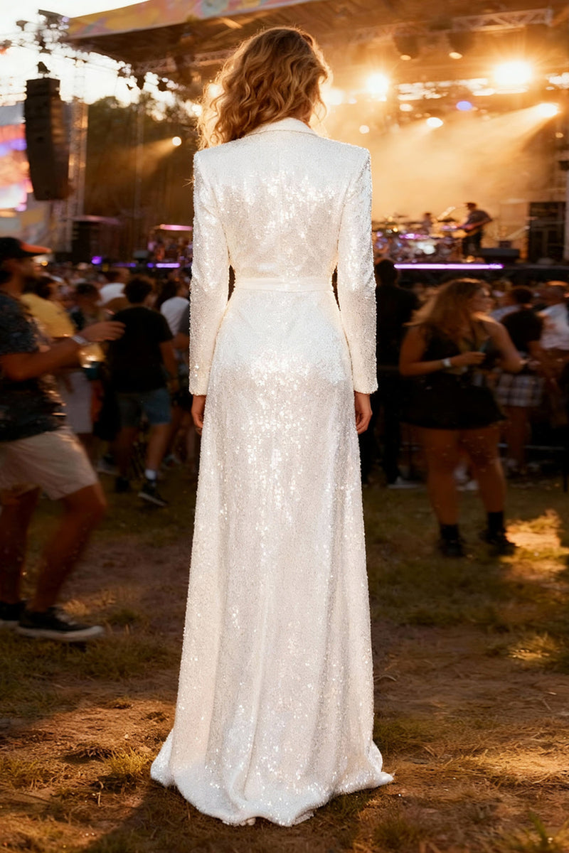 Load image into Gallery viewer, Sparkly Shawl Lapel White Sequin Long Blazer Prom Dress with Slit