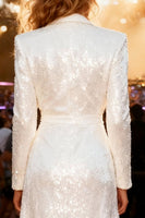 Load image into Gallery viewer, Sparkly Shawl Lapel White Sequin Long Blazer Prom Dress with Slit