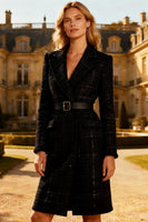 Load image into Gallery viewer, Notched Lapel Black Midi Tweed Blazer Dress with Belt