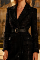 Load image into Gallery viewer, Notched Lapel Black Midi Tweed Blazer Dress with Belt