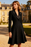 Load image into Gallery viewer, Black A Line Peak Lapel Midi Tweed Blazer Dress with Button