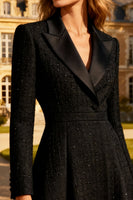 Load image into Gallery viewer, Black A Line Peak Lapel Midi Tweed Blazer Dress with Button