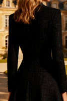 Load image into Gallery viewer, Black A Line Peak Lapel Midi Tweed Blazer Dress with Button