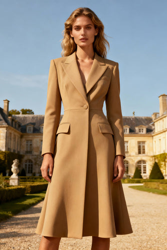 Khaki A Line Peak Lapel Midi Blazer Dress with Button