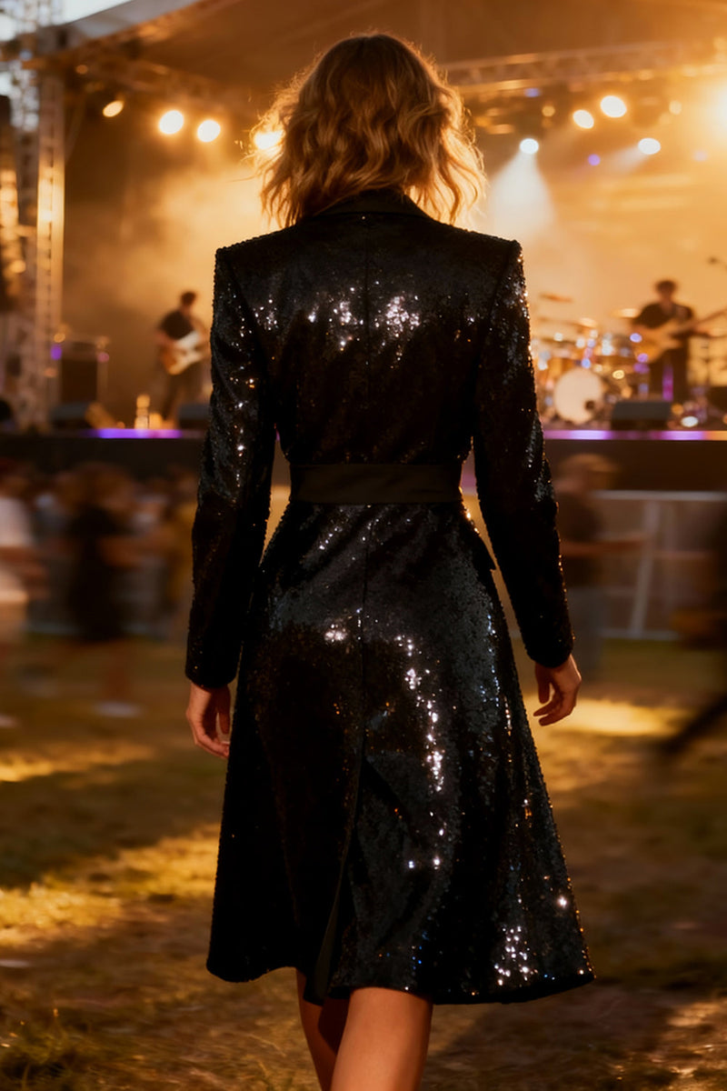 Load image into Gallery viewer, Sparkly Black Notched Lapel Midi Sequin Blazer Dress