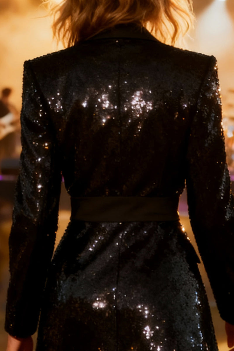 Load image into Gallery viewer, Sparkly Black Notched Lapel Midi Sequin Blazer Dress