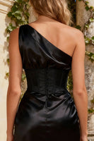 Load image into Gallery viewer, Black One Shoulder Ruched Short Corset Cocktail Dress