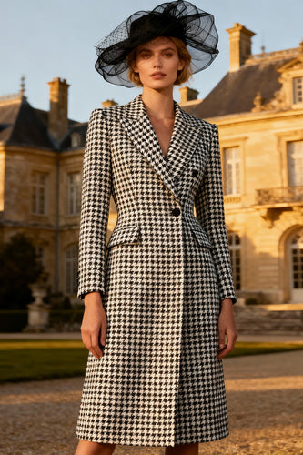 Black and White Gingham Peak Lapel Midi Blazer Dress with Buttons