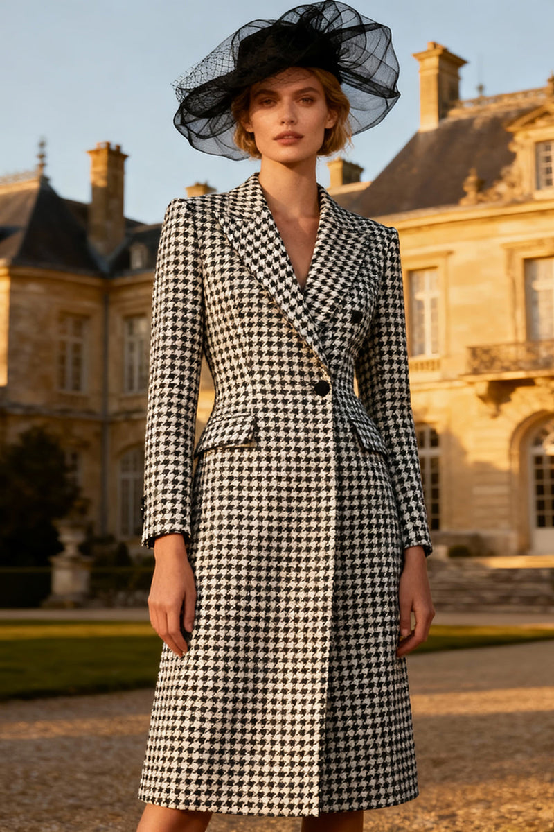 Load image into Gallery viewer, Black and White Gingham Peak Lapel Midi Blazer Dress with Buttons