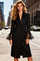Load image into Gallery viewer, Black Peak Lapel Single Breasted Midi Blazer Dress with Lace