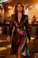 Load image into Gallery viewer, Sparkly Sequin Burgundy Peak Lapel Midi Blazer Dress