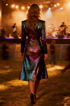 Sparkly Sequin Burgundy Peak Lapel Midi Blazer Dress