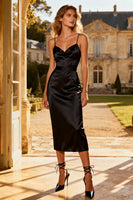 Load image into Gallery viewer, Black Bodycon Spaghetti Straps Midi Semi Formal Dress