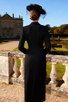 Black Double Breasted Peak Lapel Midi Pencil Blazer Dress with Slit