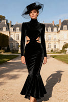 Load image into Gallery viewer, Black Velvet Mermaid Cut Out Long Holiday Party Dress with Sleeves