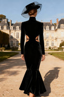 Load image into Gallery viewer, Black Velvet Mermaid Cut Out Long Holiday Party Dress with Sleeves