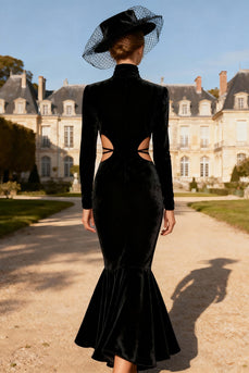 Black Velvet Mermaid Cut Out Long Holiday Party Dress with Sleeves