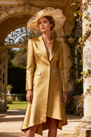 Load image into Gallery viewer, Gold Midi Peak Lapel Blazer Dress with Sleeves