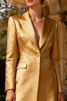 Load image into Gallery viewer, Gold Midi Peak Lapel Blazer Dress with Sleeves