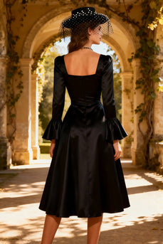 Satin Square Neck A-Line Little Black Dress
