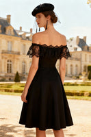 Load image into Gallery viewer, Off the Shoulder A-Line Little Black Dress with Lace