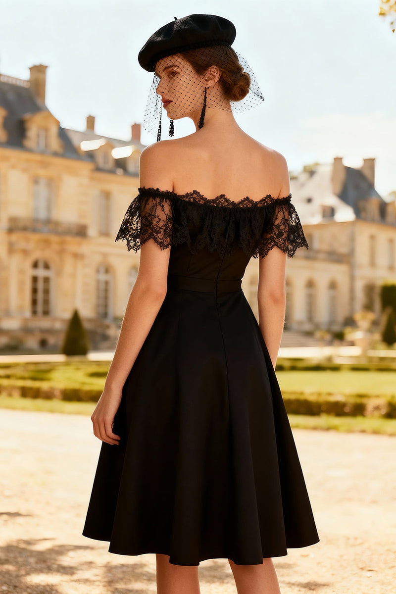 Load image into Gallery viewer, Off the Shoulder A-Line Little Black Dress with Lace