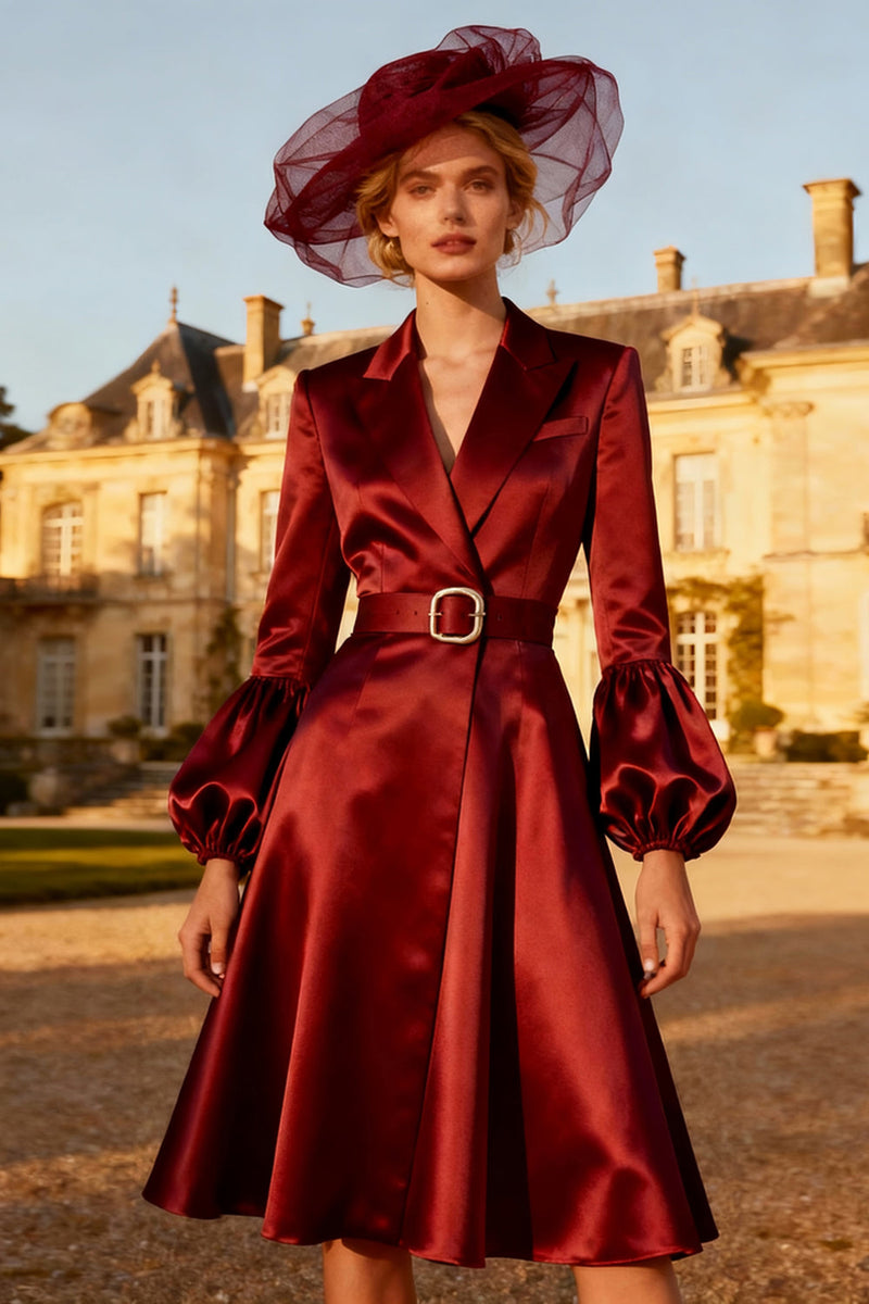 Load image into Gallery viewer, Burgundy Peak Lapel Satin Ruched Midi Blazer Dress with Belt