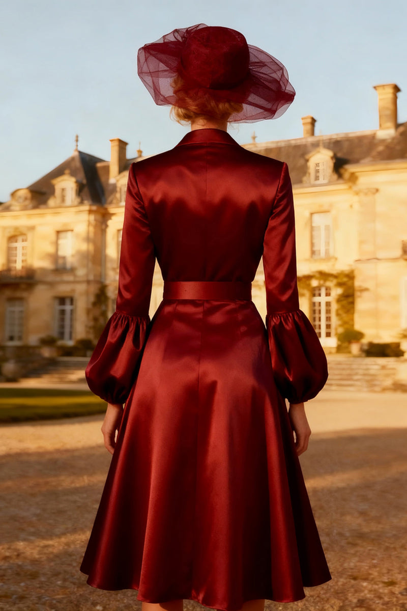 Load image into Gallery viewer, Burgundy Peak Lapel Satin Ruched Midi Blazer Dress with Belt