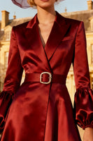 Load image into Gallery viewer, Burgundy Peak Lapel Satin Ruched Midi Blazer Dress with Belt