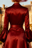 Load image into Gallery viewer, Burgundy Peak Lapel Satin Ruched Midi Blazer Dress with Belt