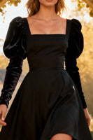Load image into Gallery viewer, Square Necks A-Line Little Black Dress with Sleeves